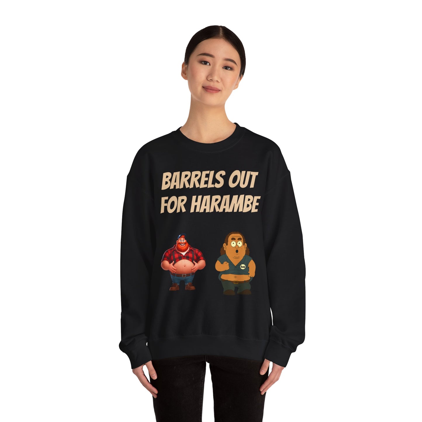 Crewneck Sweatshirt — "Barrels Out for Harambe" Cartoon Gorillas Graphic