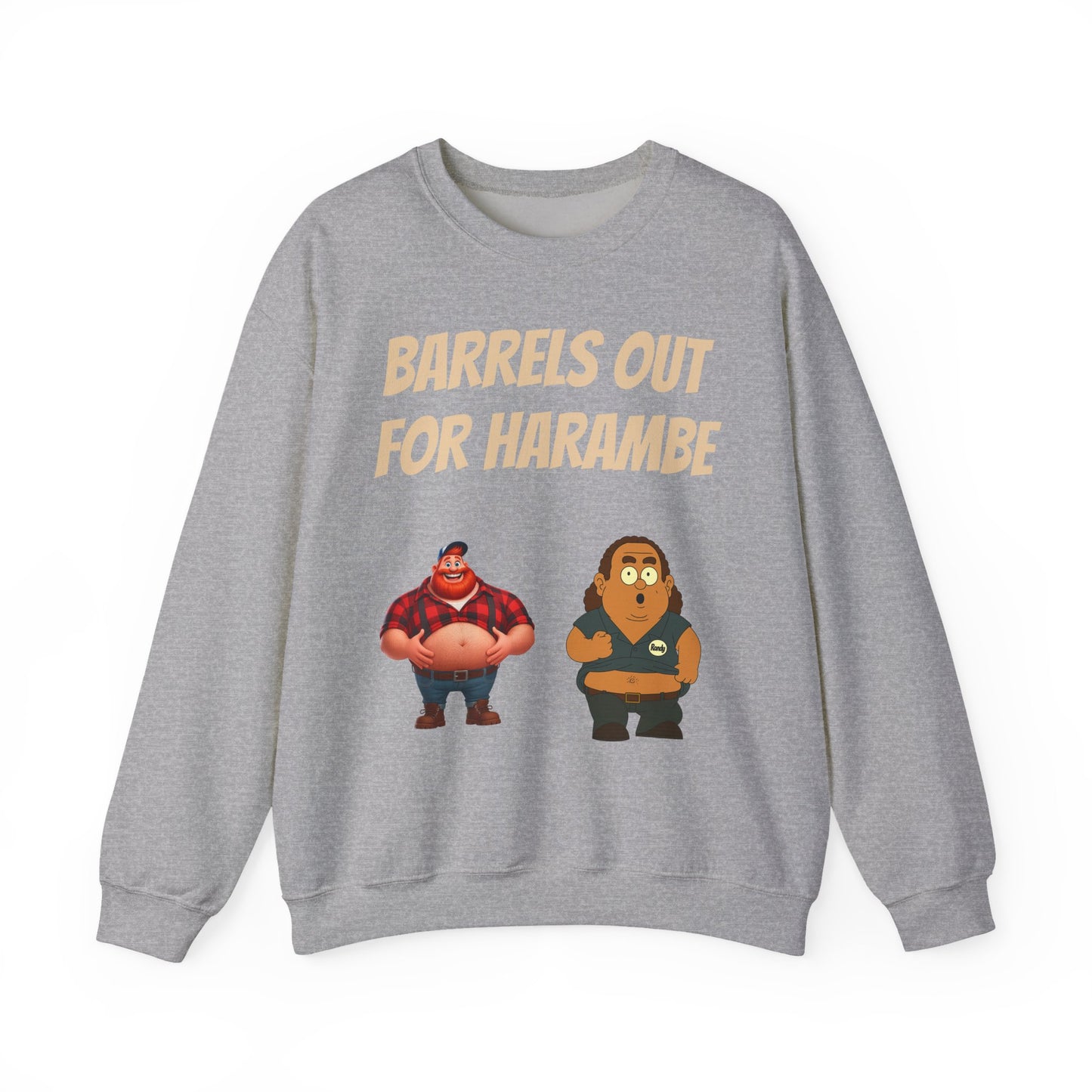 Crewneck Sweatshirt — "Barrels Out for Harambe" Cartoon Gorillas Graphic
