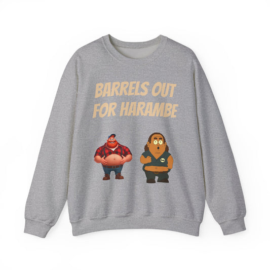 Crewneck Sweatshirt — "Barrels Out for Harambe" Cartoon Gorillas Graphic