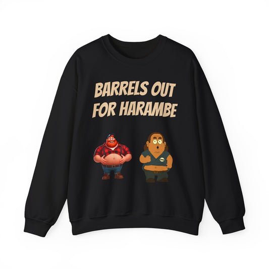 Crewneck Sweatshirt — "Barrels Out for Harambe" Cartoon Gorillas Graphic