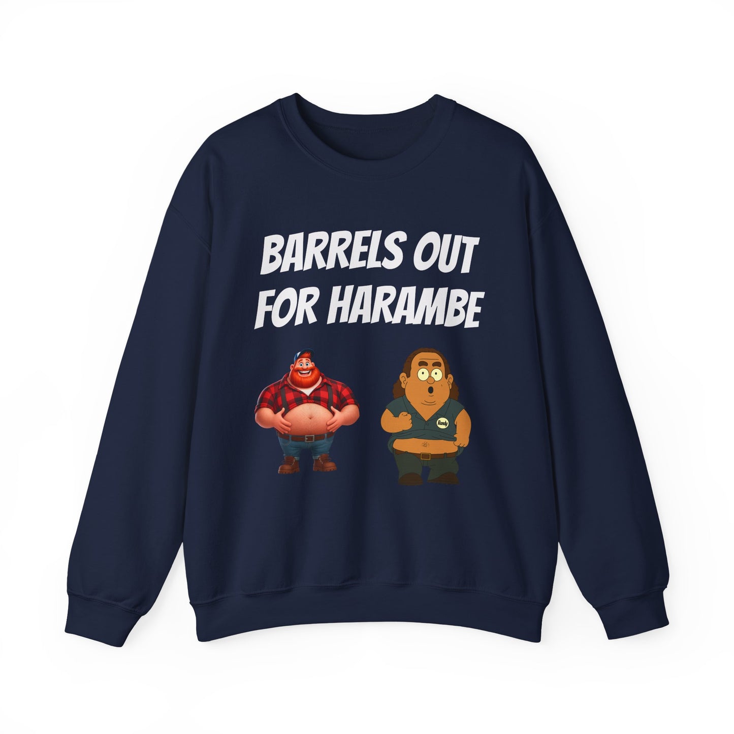 Crewneck Sweatshirt — "Barrels Out for Harambe" Cartoon Gorillas Graphic